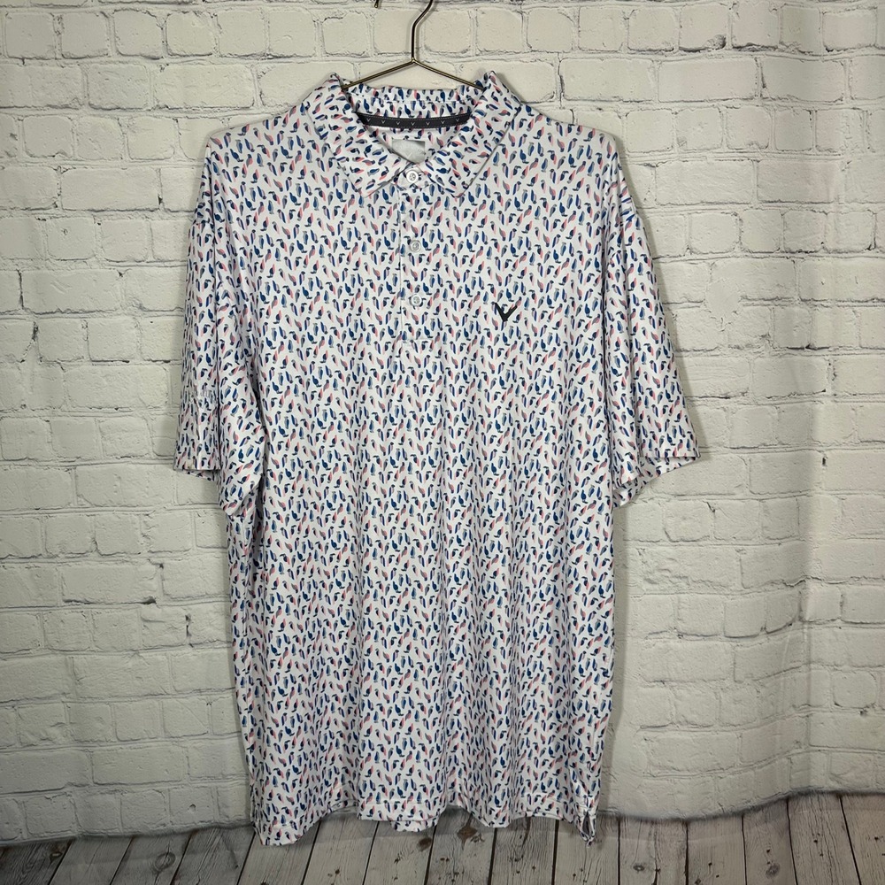 Callaway Mens Opti-Dri Toucan Print Golf Polo Shirt White Blue XL CGKSF0M1